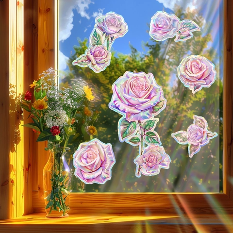 Holographisch Rosa Rose Statisch Haftend Fensteraufkleber Laser Blume Dekorativ Glas Aufkleber Für Zuhause Balkon Wohnzimmer