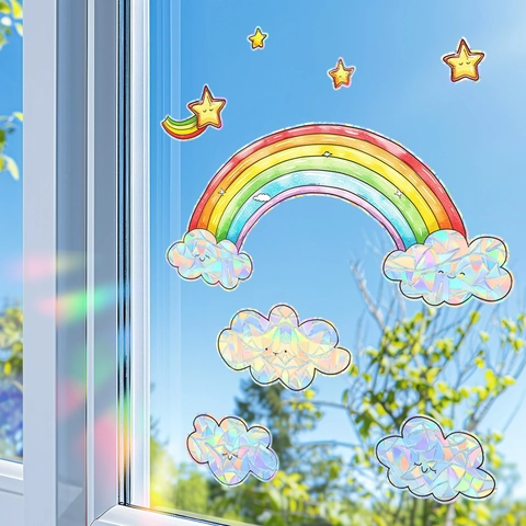 Cartoon Regenbogen Wolke Stern Fensteraufkleber Statisch Haftende PVC Prisma Regenbogenmacher Aufkleber Für Glasfenster Home Dekor