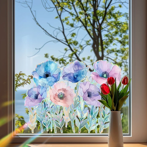 Regenbogen Holographischer Aquarell Mohnblumen Fensteraufkleber Statische Haftung PVC Glas Dekor Für Wohnzimmer Heimdekoration