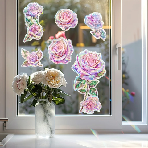 Holographisch Rosa Rose Statisch Haftend Fensteraufkleber Laser Blume Dekorativ Glas Aufkleber Für Zuhause Balkon Wohnzimmer