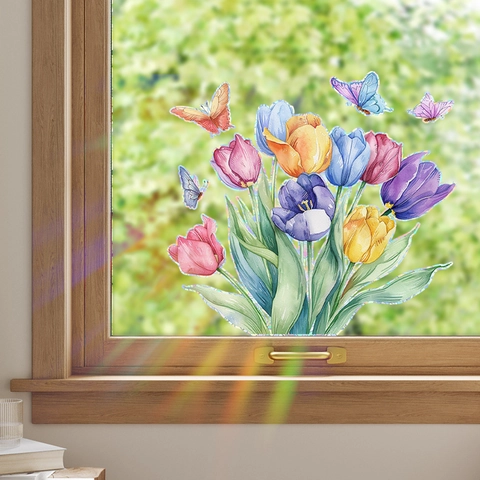 Regenboog Suncatcher Venstersticker Aquarel Tulp Bloem Vlinder Statische Hechting Regenboogprisma Effect PVC Raamfolie Voor Huis Decoratie
