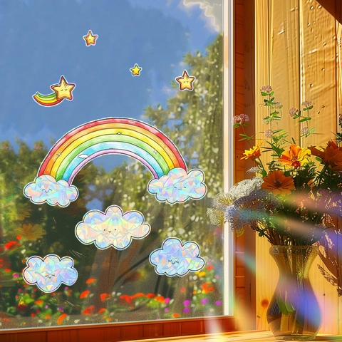 Cartoon Regenbogen Wolke Stern Fensteraufkleber Statisch Haftende PVC Prisma Regenbogenmacher Aufkleber Für Glasfenster Home Dekor