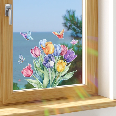 Regenboog Suncatcher Venstersticker Aquarel Tulp Bloem Vlinder Statische Hechting Regenboogprisma Effect PVC Raamfolie Voor Huis Decoratie