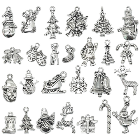 Antique Silver Christmas Theme Zinc Alloy Charms For DIY Jewelry Making Snowman Santa Claus Elk Tree Bell Pendants Vintage Accessories