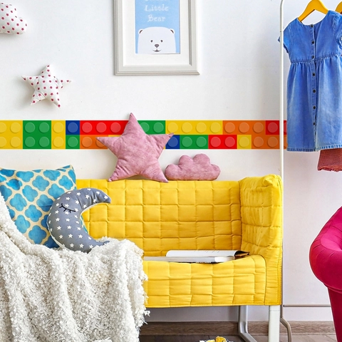Kleurrijke Bouwstenen Patroon Muursticker Rand Waterdicht PVC Zelfklevend Decoratief Taillelijn Decal Voor Kinderkamer Huis Decoratie