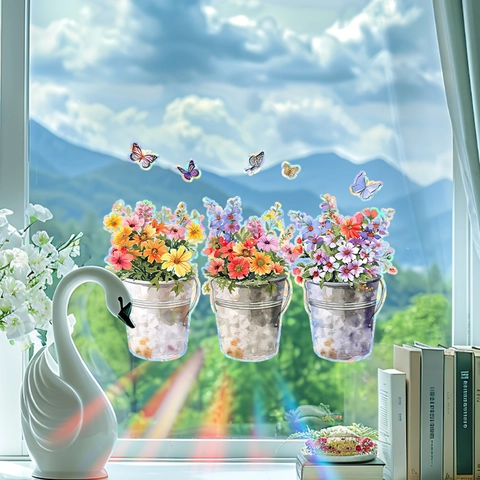 Regenbogen-Prisma Fensteraufkleber Statisch Haftend PVC Sonnenfänger Blume Schmetterling Muster Für Wohnzimmer Dekoration