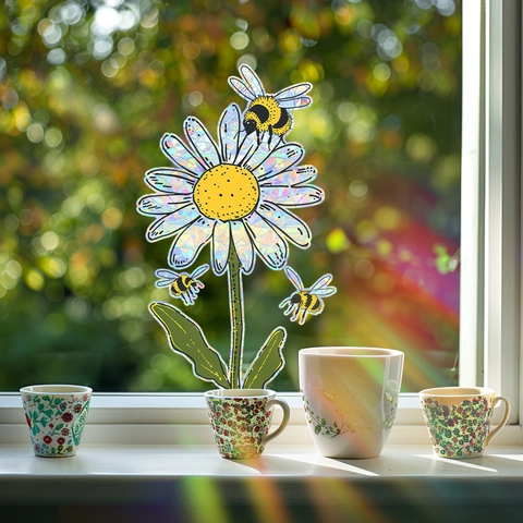 Madeliefje Bij Regenboog Suncatcher Venstersticker Statisch Hechtend Prismatische Glasfolie Decoratie Voor Huis Balkon