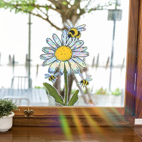 Madeliefje Bij Regenboog Suncatcher Venstersticker Statisch Hechtend Prismatische Glasfolie Decoratie Voor Huis Balkon