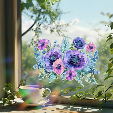 Paarse Bloem Statische Venstersticker PVC Decoratieve Sticker Voor Glazen Deuren En Ramen Verwijderbare Aquarel Florale Decoratie