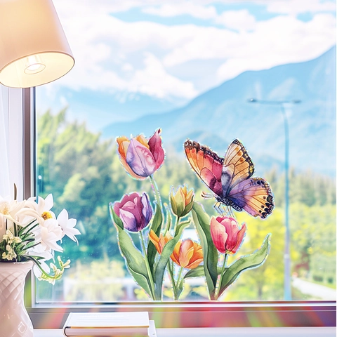 Holographischer UV Tulpe Schmetterling Fensteraufkleber Aquarell PVC Glasaufkleber Abnehmbar Sonnenfänger Deko Für Zuhause Wohnzimmer