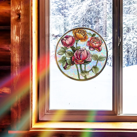 Rose Blume Buntglas Fensteraufkleber Rund Holografisch Regenbogen Prisma Sonnenfänger Statisch Haftend PVC Haus Dekor