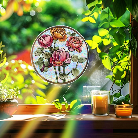 Rose Blume Buntglas Fensteraufkleber Rund Holografisch Regenbogen Prisma Sonnenfänger Statisch Haftend PVC Haus Dekor