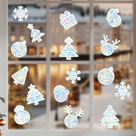 Pegatinas de Ventana con Prisma de Arco Iris de Navidad Copos de Nieve Reno Muñeco de Nieve Adherencia Estática para Vidrio