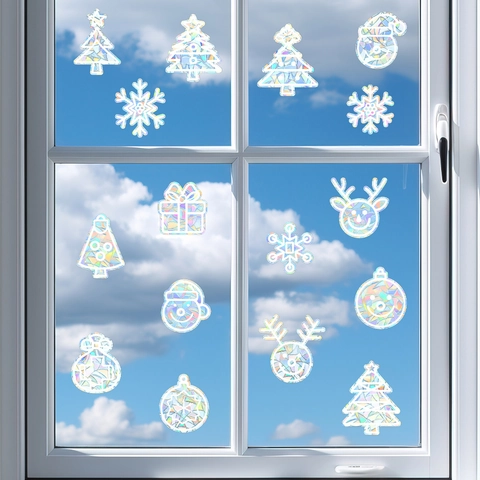 Pegatinas de Ventana con Prisma de Arco Iris de Navidad Copos de Nieve Reno Muñeco de Nieve Adherencia Estática para Vidrio