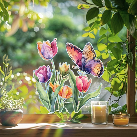 Holographischer UV Tulpe Schmetterling Fensteraufkleber Aquarell PVC Glasaufkleber Abnehmbar Sonnenfänger Deko Für Zuhause Wohnzimmer