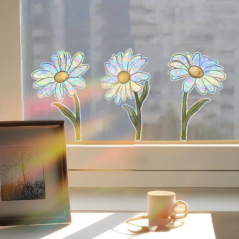 Holografischer Gänseblümchen Regenbogen Fensteraufkleber Statische Haftung Prisma Glasaufkleber Gegen Vogelschlag Deko