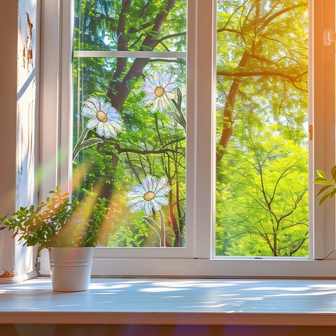 Holografischer Gänseblümchen Regenbogen Fensteraufkleber Statische Haftung Prisma Glasaufkleber Gegen Vogelschlag Deko