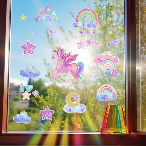 Pink Unicorn Rainbow Clouds Static Window Cling Suncatcher Sticker Laser Prism PVC Decorative Film For Home Decor