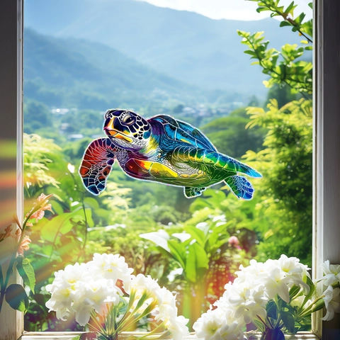 Bunter Regenbogen Meeresschildkröte Fensterfolie Statisch Haftend UV Lasereffekt Glasaufkleber Kleberfrei Abnehmbar Fenster Deko
