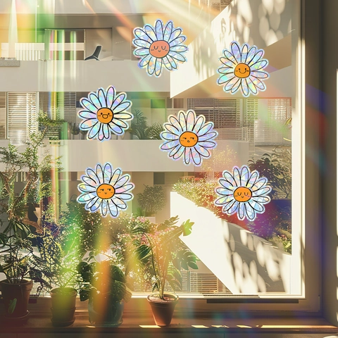 Holografische Gänseblümchen Fensteraufkleber Regenbogen Prisma Statisch Haftende Dekore Für Glas Antikollision Cartoon Blume Smiley Heimdeko