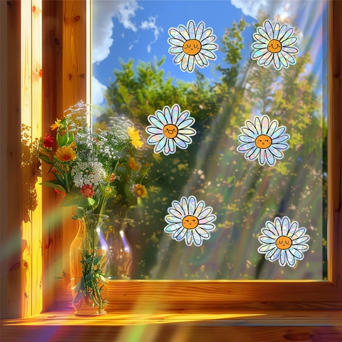 Holografische Gänseblümchen Fensteraufkleber Regenbogen Prisma Statisch Haftende Dekore Für Glas Antikollision Cartoon Blume Smiley Heimdeko