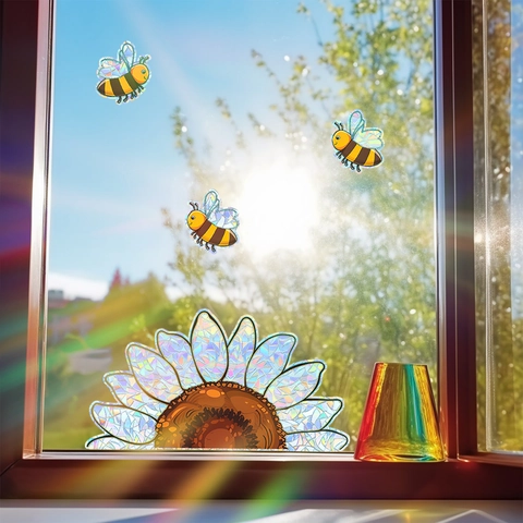 Cartoon Sonnenblume Biene Sonneneinfangend Fensteraufkleber Regenbogen Prisma Glas Dekor Statisch Haftend