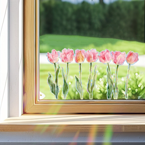 Regenboog Holografisch Tulp Raamsticker Statische Kleefkracht Glassticker Roze Bloem Zonvanger Voor Huis Kantoor Decoratie