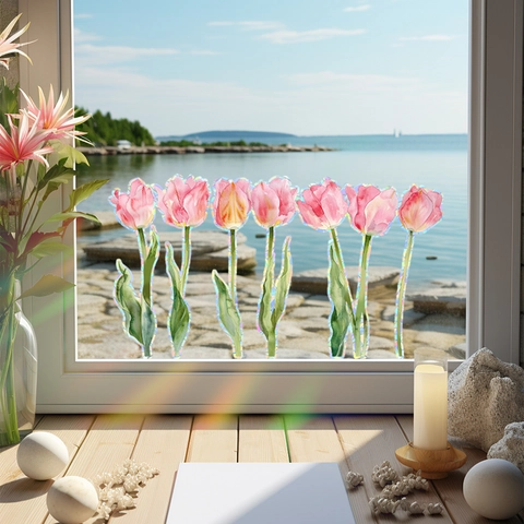Regenboog Holografisch Tulp Raamsticker Statische Kleefkracht Glassticker Roze Bloem Zonvanger Voor Huis Kantoor Decoratie