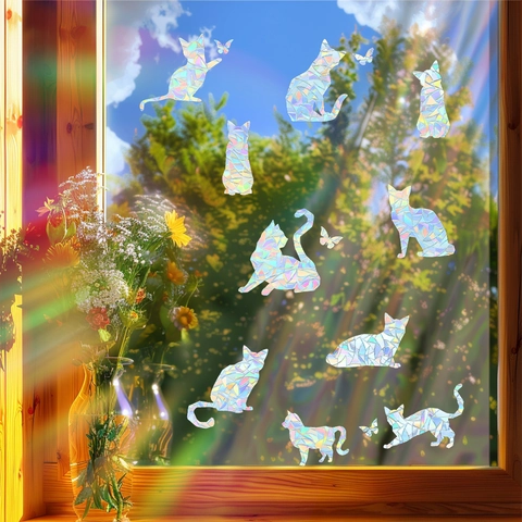 Regenbogenprisma Katze Fensteraufkleber Sonnenfänger PVC Statische Haftung Dekor Prismentier Schmetterling Glas Für Zuhause