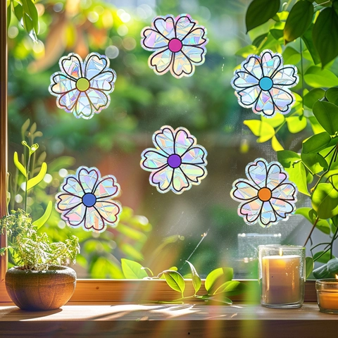 Adesivi Arcobaleno Olografici per Finestra Sun Catcher Adesione Statica Decalcomanie Margherita Senza Colla Decorazione Vetro Casa