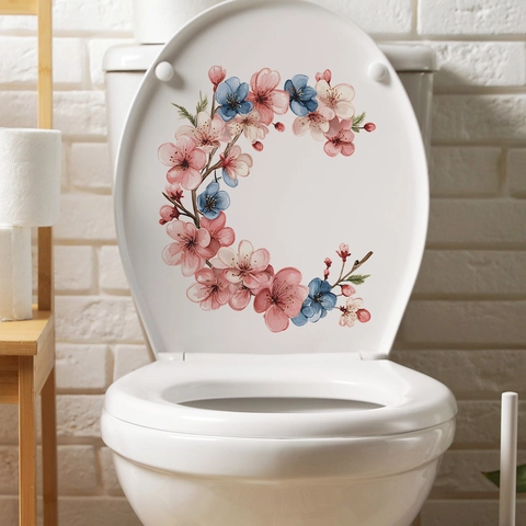 Pegatina Tapa Inodoro Guirnalda Floral Acuarela Impermeable PVC Calcomanía Pared Baño Flores Rosa Azul Decoración