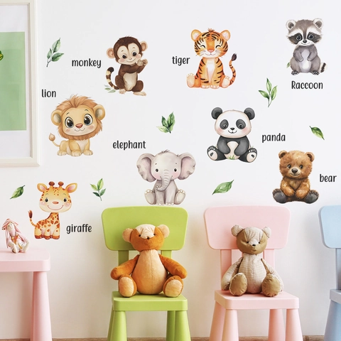 Aquarel Cartoon Dier Muurstickers Met Engelse Namen Voor Kinderkamer Nursery PVC Verwijderbare Muurstickers Voor Slaapkamer Decoratie