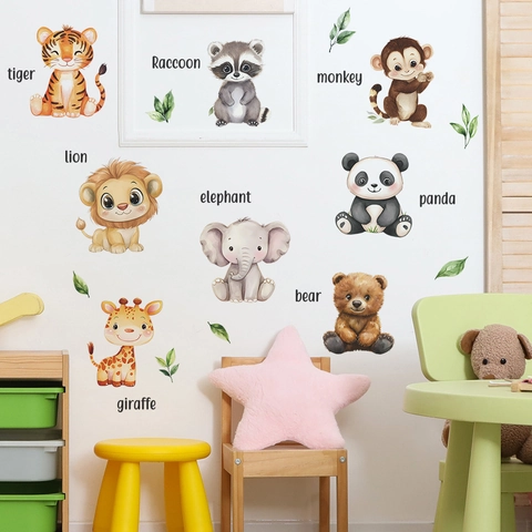 Aquarel Cartoon Dier Muurstickers Met Engelse Namen Voor Kinderkamer Nursery PVC Verwijderbare Muurstickers Voor Slaapkamer Decoratie