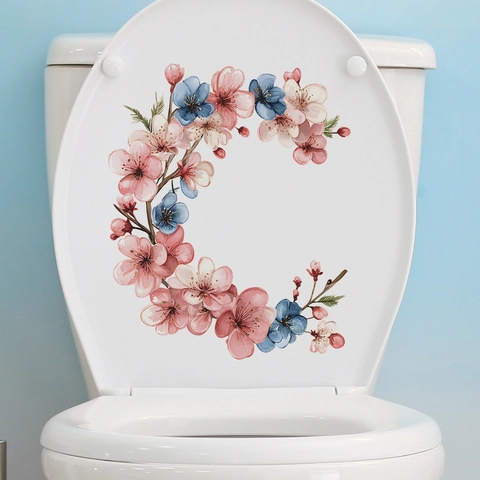 Pegatina Tapa Inodoro Guirnalda Floral Acuarela Impermeable PVC Calcomanía Pared Baño Flores Rosa Azul Decoración