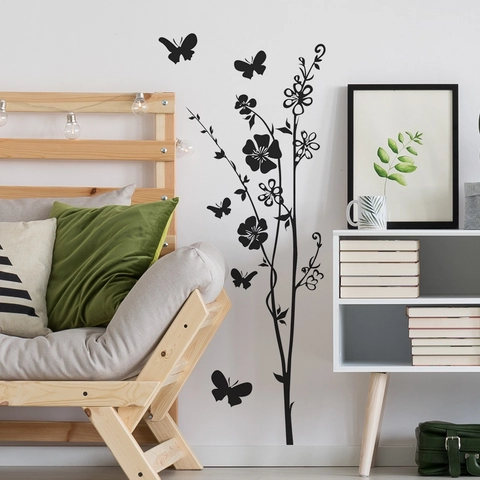 Adesivi Murali con Ramo d'Albero di Fiori Neri e Farfalle Decalcomanie in PVC Rimovibili per Frigorifero Arte Minimalista Decorazione Domestica per Cucina Soggiorno