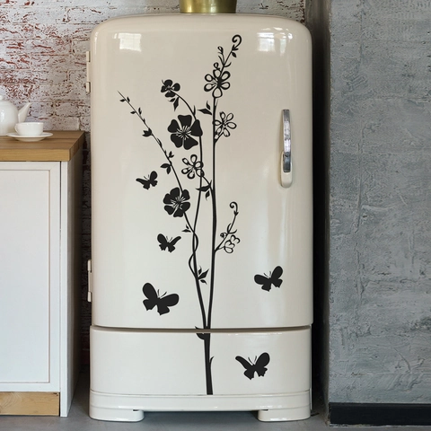 Adesivi Murali con Ramo d'Albero di Fiori Neri e Farfalle Decalcomanie in PVC Rimovibili per Frigorifero Arte Minimalista Decorazione Domestica per Cucina Soggiorno