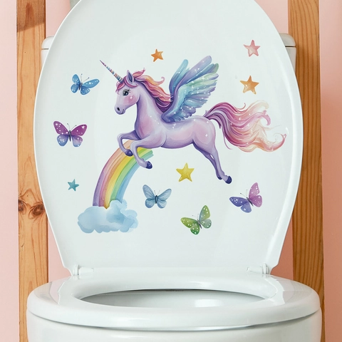 Pegatina de Inodoro de Unicornio Arcoíris Mariposa Dibujos Animados Impermeable PVC Decorativo Pared Para Baño Hogar