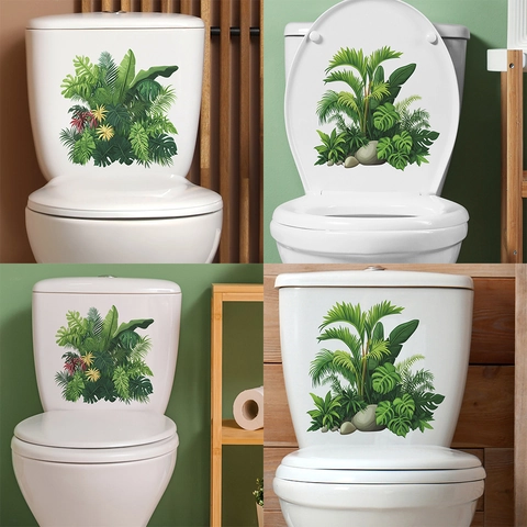 Tropische Grüne Pflanzen Blätter Toilettendeckel Aufkleber PVC Wasserdicht Monstera Palmblatt Dekor Für Badezimmer Wandtattoo