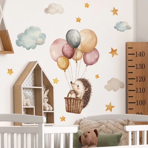 Watercolor Cartoon Hedgehog Hot Air Balloon Wall Sticker PVC Removable Stars Clouds Decal For Kids Nursery Room Decor
