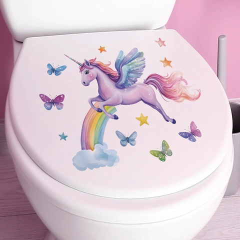 Pegatina de Inodoro de Unicornio Arcoíris Mariposa Dibujos Animados Impermeable PVC Decorativo Pared Para Baño Hogar
