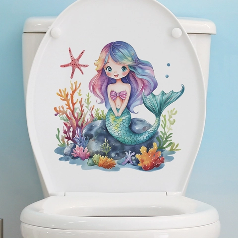 Cartoon Mermaid Toilet Sticker Waterproof PVC Decal For Bathroom Home Decor Watercolor Ocean Theme Coral Seaweed Mural