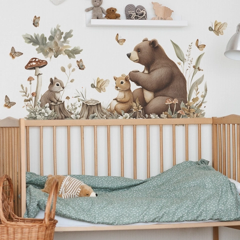 Adesivi Murali Animali del Bosco Acquerello in PVC Removibili Orso Scoiattolo Fungo per Cameretta Bambini Casa