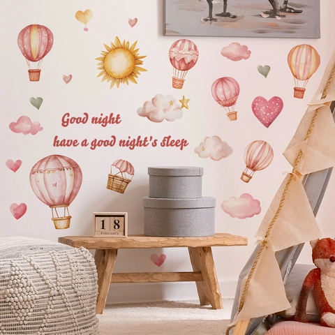 Aquarell Heißluftballon Sterne Wolken Wandaufkleber Gute Nacht Slogan Abnehmbare PVC Aufkleber Für Kinderzimmer Schlafzimmer Deko