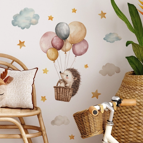 Watercolor Cartoon Hedgehog Hot Air Balloon Wall Sticker PVC Removable Stars Clouds Decal For Kids Nursery Room Decor