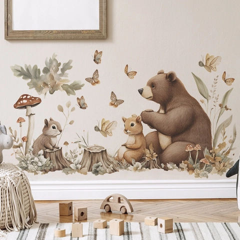 Adesivi Murali Animali del Bosco Acquerello in PVC Removibili Orso Scoiattolo Fungo per Cameretta Bambini Casa