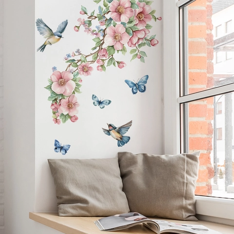 Aquarell Rosa Pfirsichblüte Zweig Wandaufkleber Mit Blauen Vögeln Schmetterlingen PVC Abnehmbare Blumen Wandtattoo Für Haus Deko