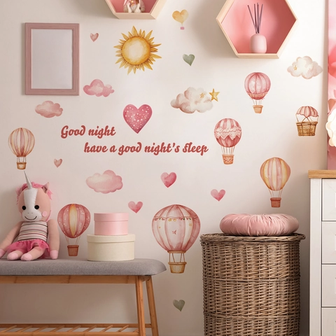 Aquarell Heißluftballon Sterne Wolken Wandaufkleber Gute Nacht Slogan Abnehmbare PVC Aufkleber Für Kinderzimmer Schlafzimmer Deko