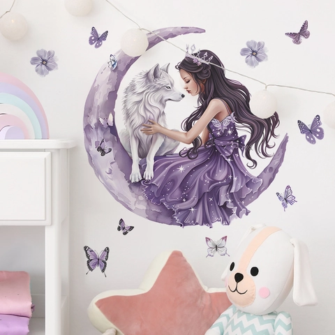 Dreamy Girl And White Wolf On Purple Moon Wall Stickers PVC Watercolor Butterfly Floral Decals For Bedroom Living Room Decor