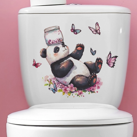 Adesivo per Gabinetto ad Acquerello Panda Cartone Animato Farfalla Impermeabile PVC Decalcomania Bagno Decorazione Casa