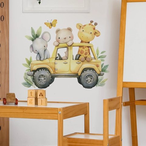 Cartoon Animal Wall Stickers Watercolor Elephant Giraffe Bear In Yellow Car Kids Room Decor Removable PVC Nursery Wall Decals